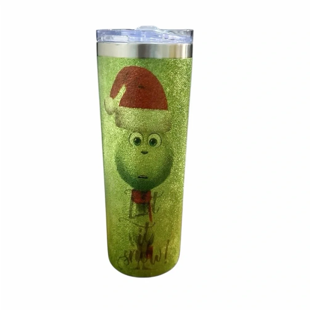 The Grinch Bling Crystal Green Tumbler with Straw featuring classic Grinch image